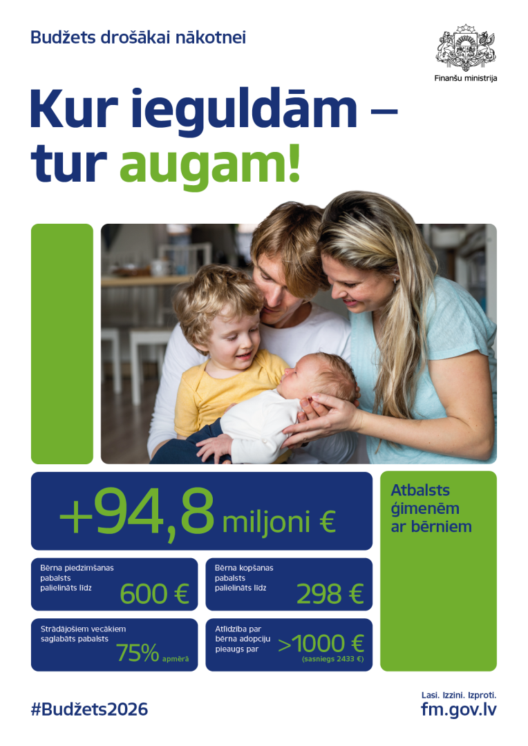 Attēlā ir redzama apskāvusies ģimene - mamma, tētis, un divi dažādu vecumu bērni, uz attēla ir teksts