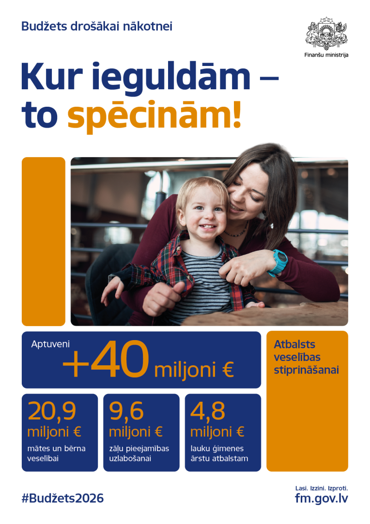 Attēlā redzama mamma, kura sēž pie galda un apskauj bērnu, uz attēlā redzams teksts un dati