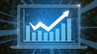 Attēlā redzams ilustrēts portatīvais dators, kura ekrānā redzama stabiņu diagramma ar lauztu bultu uz augšu