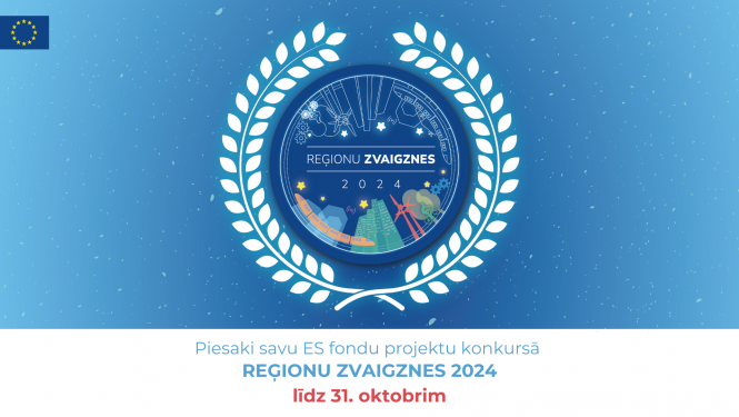 Konkursa "Reģionu zvaigznes 2024" logo, aicinājums tekstā "Piesaki savu ES fondu projektu konkursā "Reģionu zvaigznes 2024" līdz 31.oktobrim"